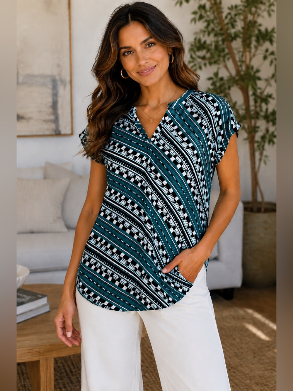 Dana Buchman Teal and Black Patterned V-Neck Tunic
